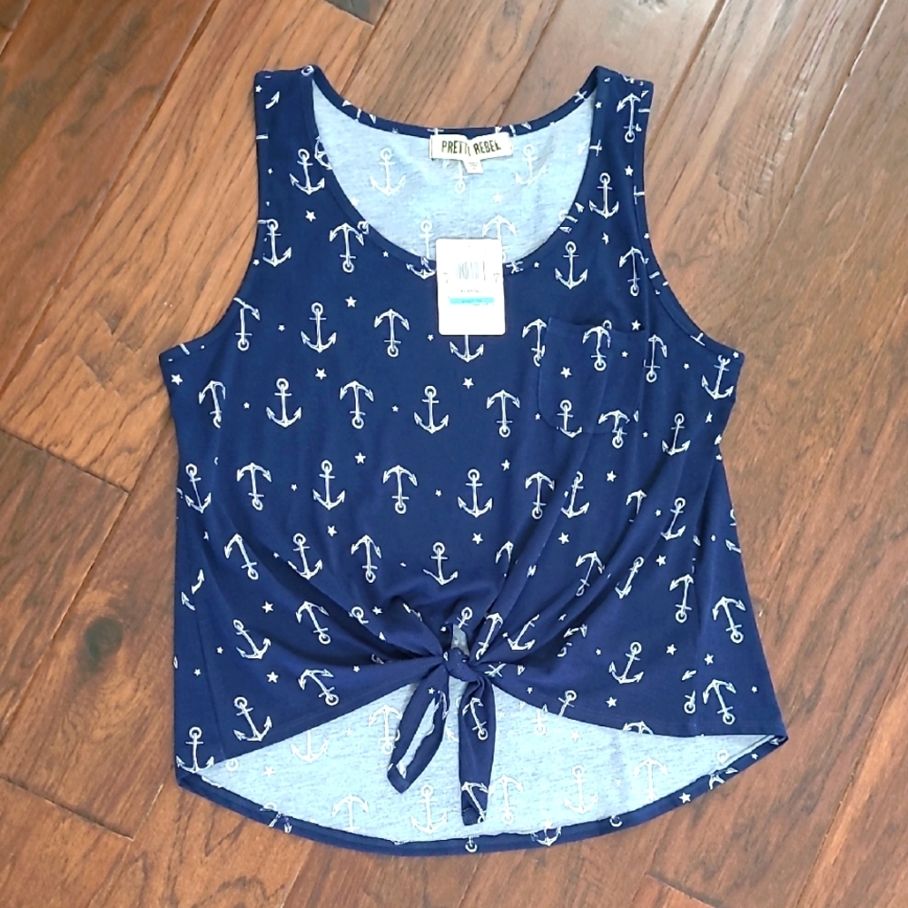 NWT Pretty Rebellious Sleeveless Navy Blue Nautical Tie Front Top size XL